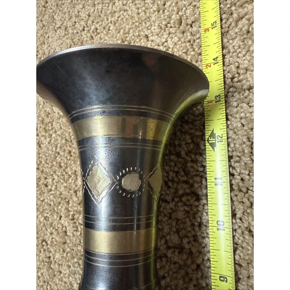 Vintage Black Etched Brass Vase Handcrafted in India 13